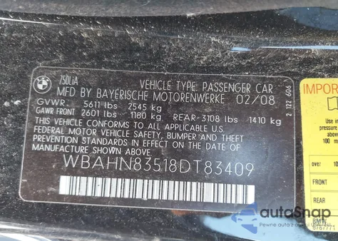 2008 BMW 750Li z USA, uszkodzony, nr VIN WBAHN83518DT83409